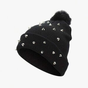 Rivets Black Beanie with Black Pom NWT